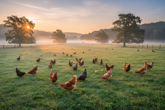 Chickens roaming in a grassy pasture at sunrise
